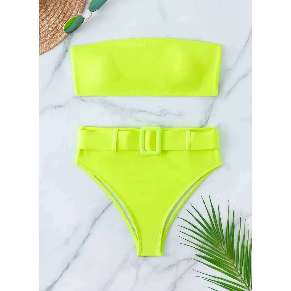 Neon Yellow High Waist Bikini 2024 New Belt Women Sexy Two Piece Swimsuit Push Up Swimwear Female Bathing Suit Summer Beachwear Y260303