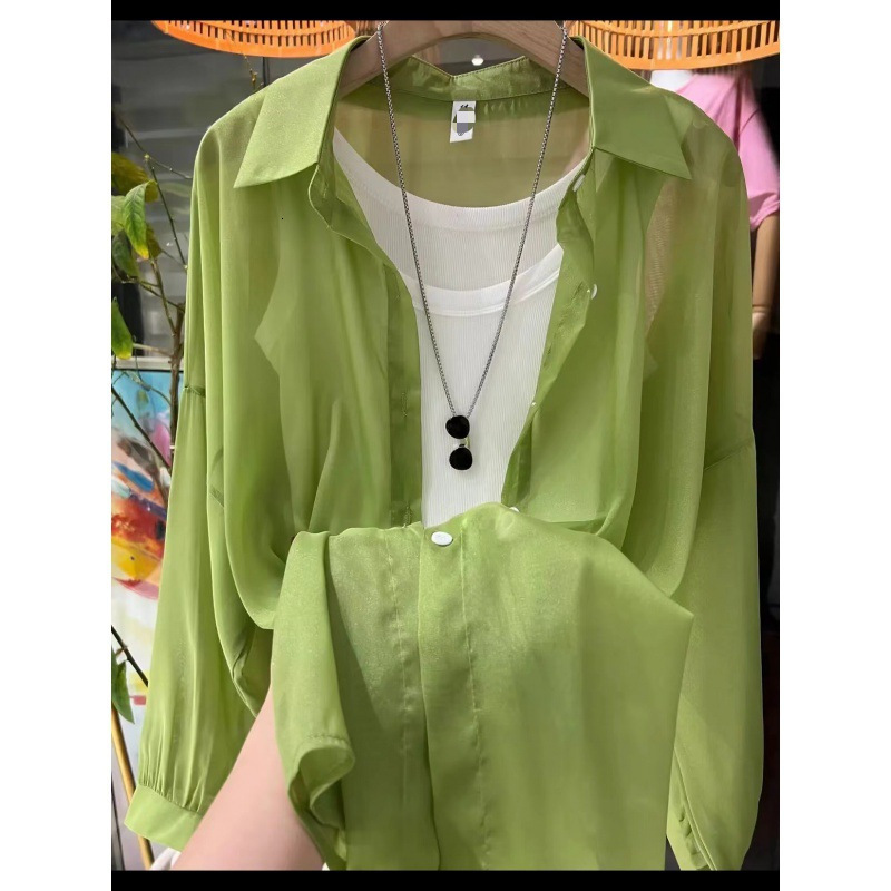 New Fashion Versatile Top Designer Shirt Pearl Designer Hoodie Gauze Sunscreen Polo Shirt Shirt Women Loose Lantern Sleeve Blouse High-end Mid-length