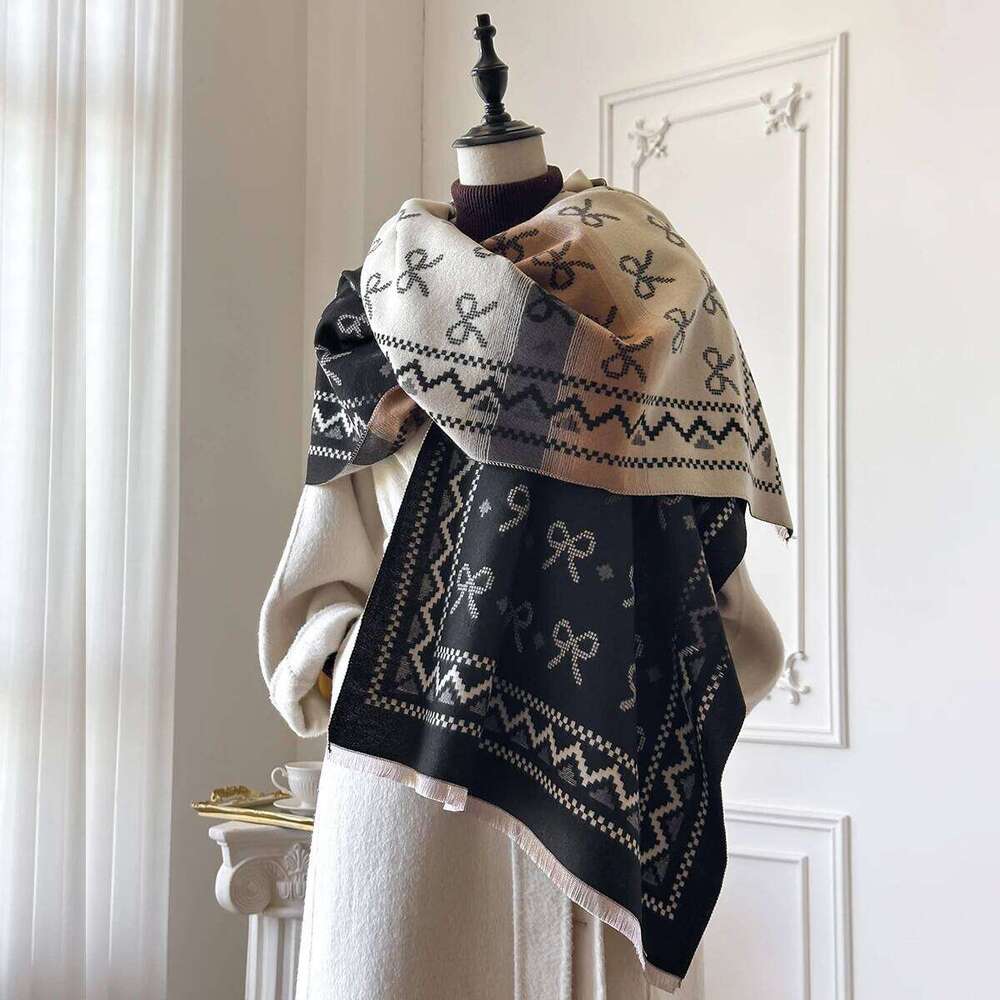 2025 New Brand Elegance Bow Print Scarf Soft Warm Fringe Pashmina Shawl Autumn and Winter Outdoor Coldproof Windproof Blanket XJ260304