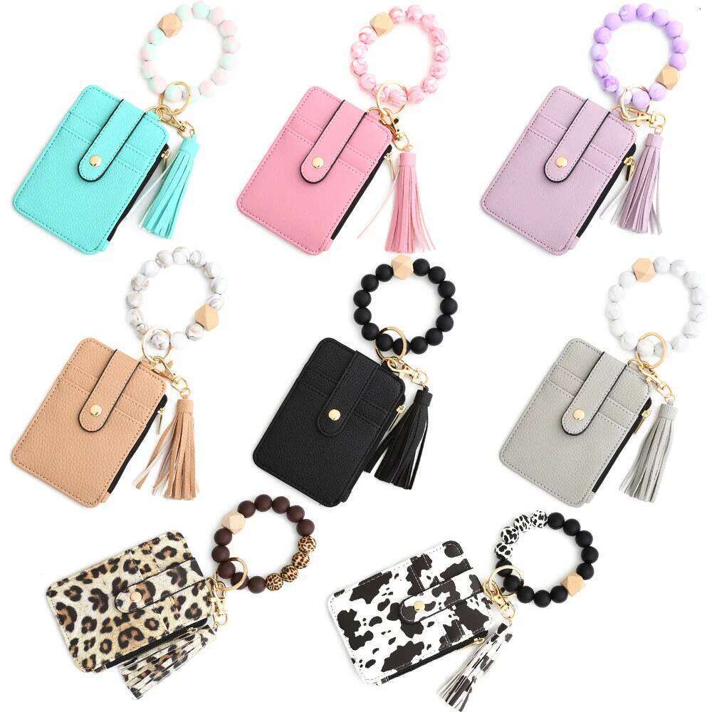 New Arrival PU ID Credit Wallet with Wristlet Bangle Silicone Bead Tassel Card Holder Leather Keychain C260304