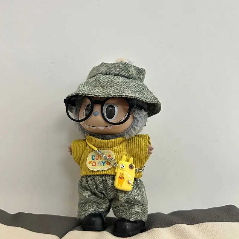 Retro Monogram Casual Set with Bucket Hat, Sweater, Phone Bag & Glasses for 17cm Labubu Dolls Blind Box Outfit AccessoriesT260304