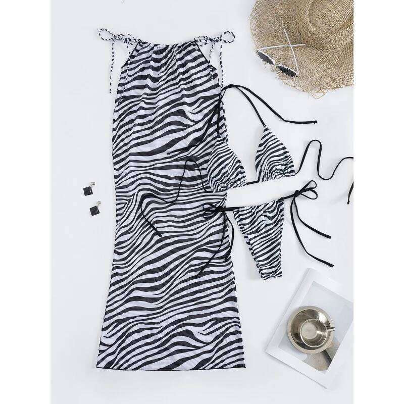 New Soft Bag Zebra Pattern Halter Neck Lace-up Sexy Elegant Party Bikini Three-piece Set Y260303