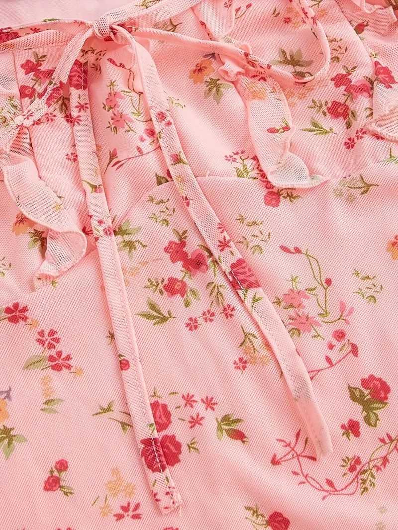 Womens Dresses Sleeveless Ruffled Trim Square Collar Tie-up Cut Out Backless Floral/Dots Summer Party Short Mini A-line Dress M260304