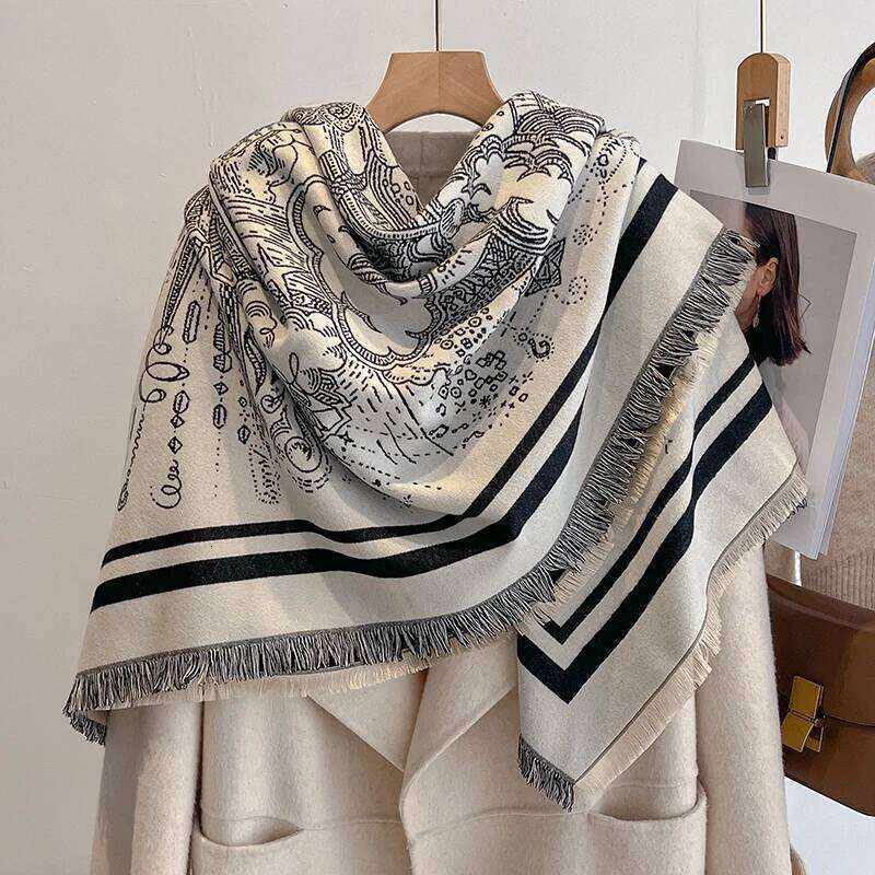 Elegant Striped Design Imitation Cashmere Soft Warm Versatile Shawl Coldproof Windproof Blanket Scarf for Autumn Winter XJ260304