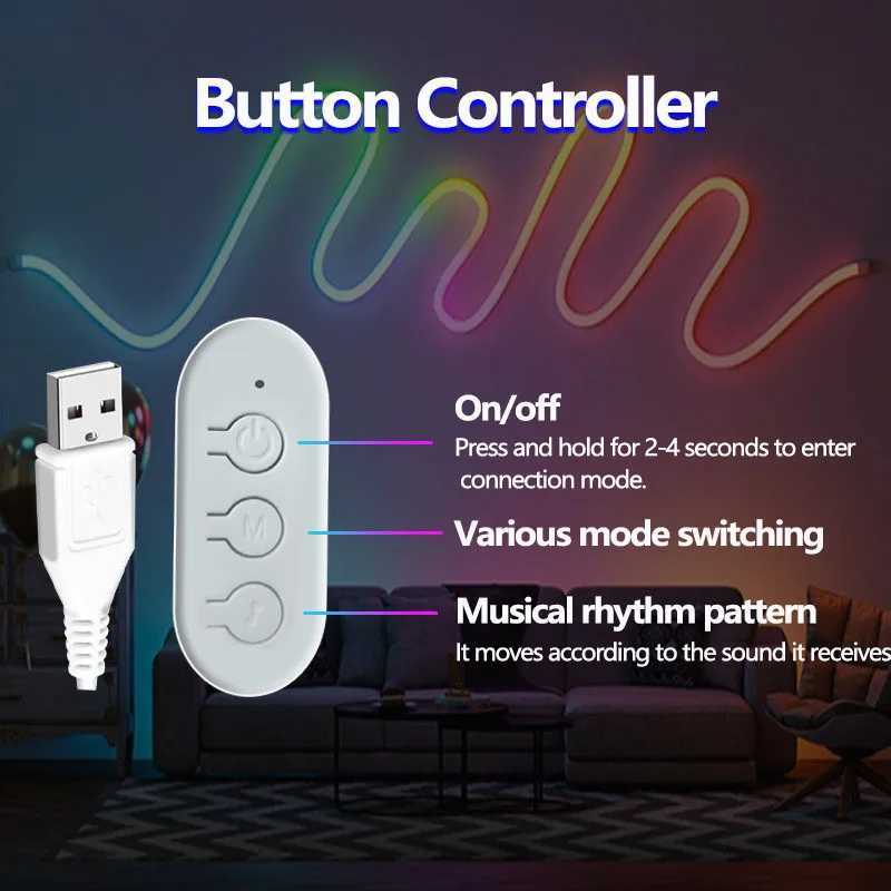 5V USB RGB-IC Neon LED Strip Light 1M 2M 3M 5M Flexible Lamp Tape Neon Lights With Bluetooth APP Control For Home Room Decor H260304