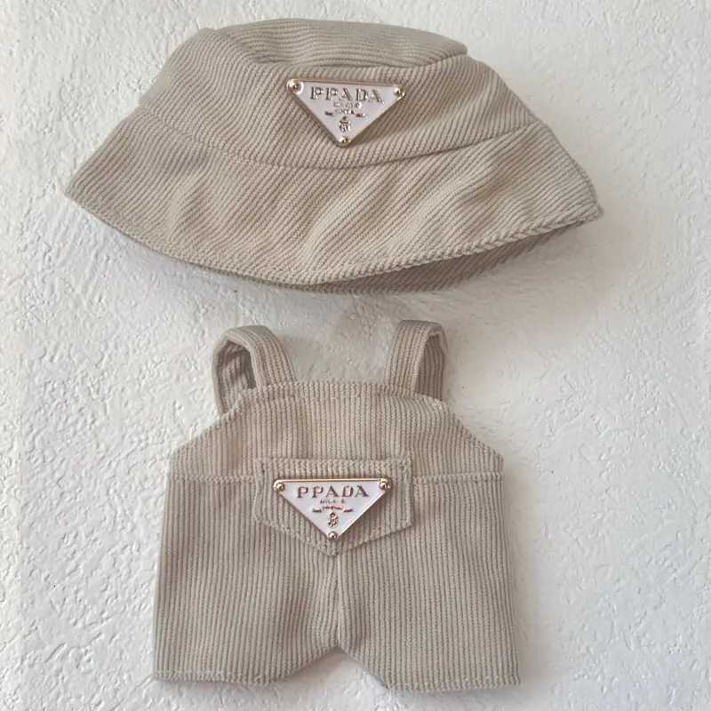 17cm Labubu Pink Corduroy Overalls & Hat Set, Luxury Doll Outfit with Triangle Logo for DIY Accessories & GiftsT260304
