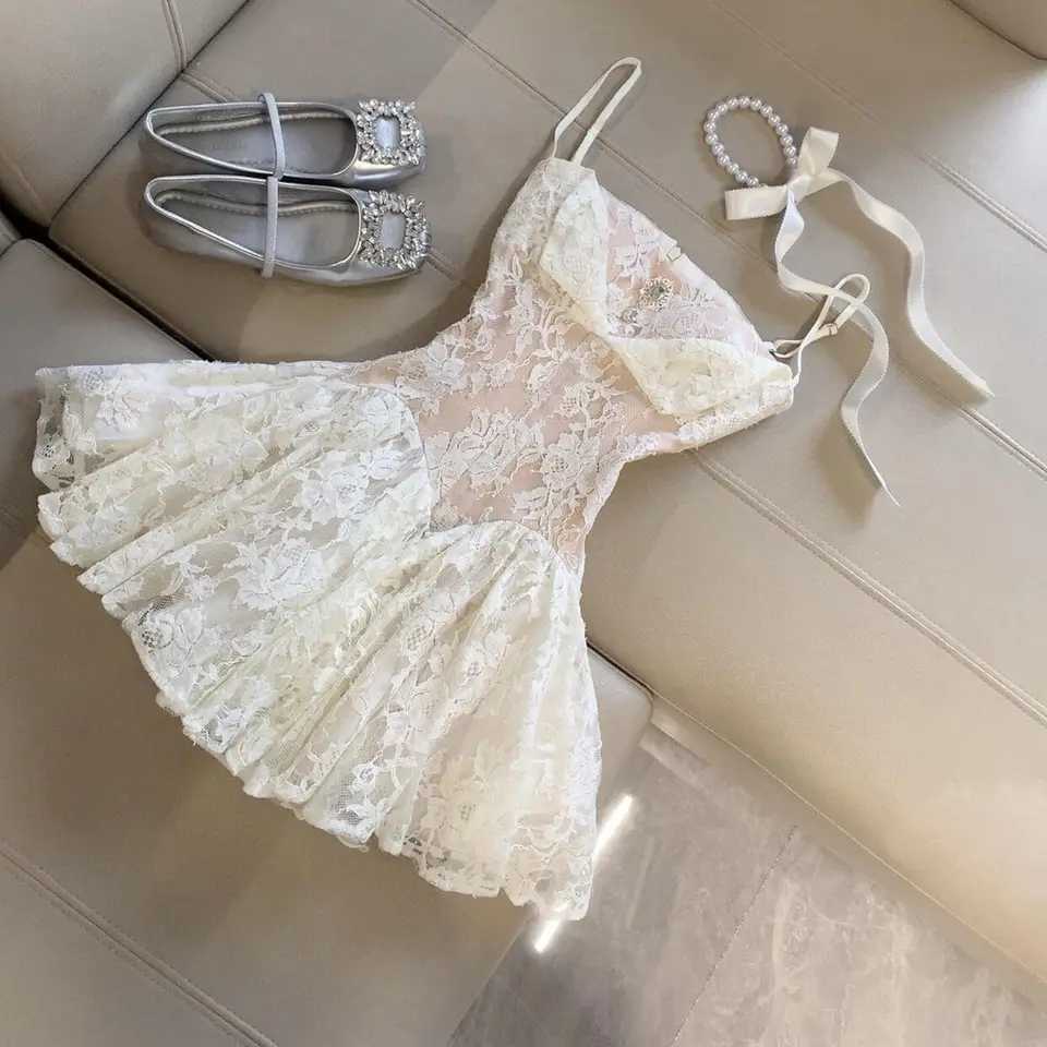 Sweet Princess French Lace Dress Harajuku Gyaru Style Elegant Chic Summer Kawaii 90s Women Fashion Dresses M260304