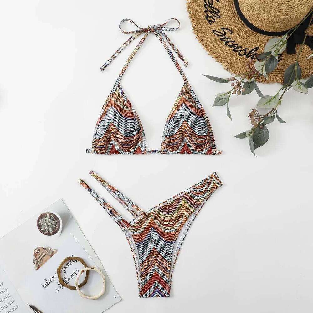 2025 New Women's Sexy Striped Hollow Bikini Set Summer Dress Pool Party and Beach Vacation Swimwear Bathing Suit Women Y260303