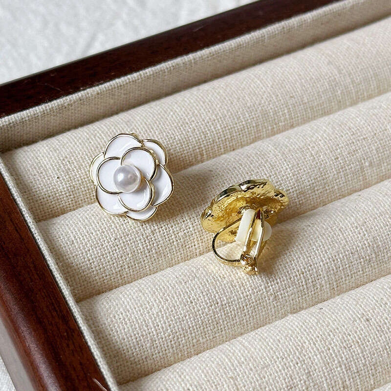 Womens Jewelry Earrings Clip-Ons Classic Black & White Enamel Camellia Non-pierced Earrings for Women