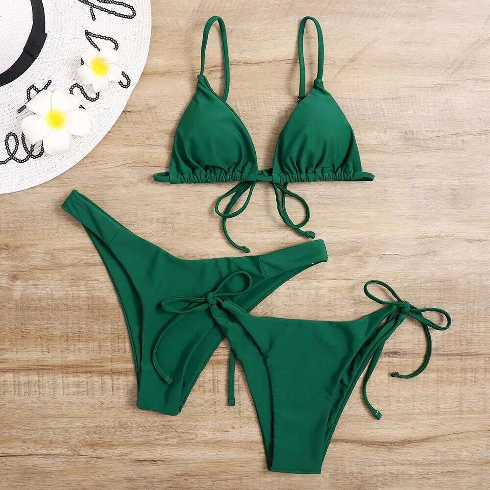 Sexy 3 Piece Bikini Set Women Solid Blue Purple Push Up Bandage Triangle Swimsuit Brazilian Beach Bathing Suit Swumwear Biquini Y260303