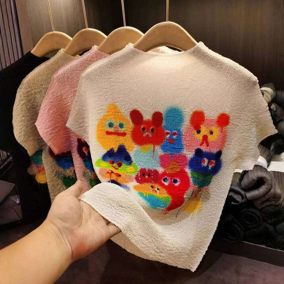ZHE HAN Miyake Pleated T-Shirt Plisse Colourful Cartoon Print Fold Top Pleat 2025 Summer New Stand-Up Collar Pleatst Shirt Women