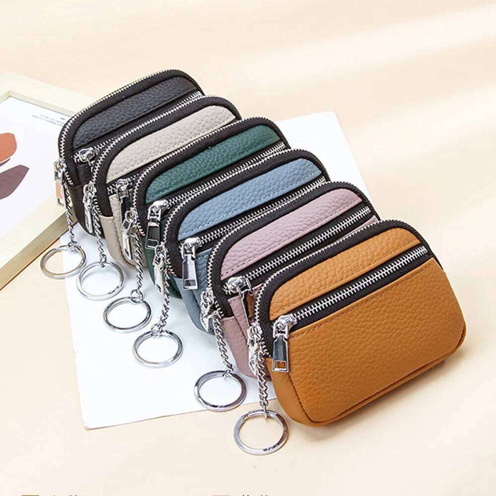 Women Genuine Leather Keychain Coin Purse Zipper Wallet Small Mini Pocket Color Contrasting Lipstick Storage Change Pouch C260304