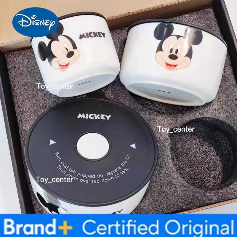 Disney Anime Mickey Mouse Minnie Cartoon Tableware Ceramic Bowl With Lid Microwave Oven Soup Bowl 3pcs Student Thicken Lunch Box H260304