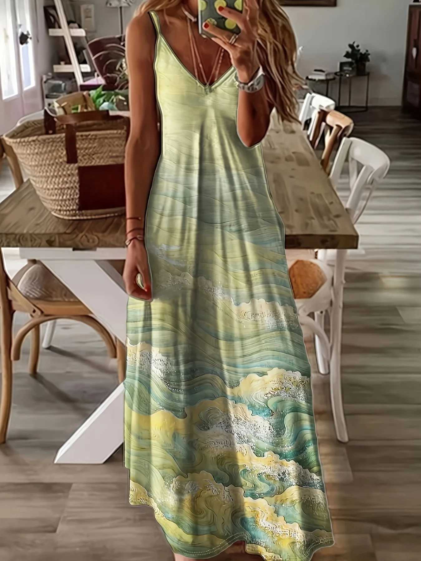 Womens Elegant V-Neck Floral Print Sling Dress Suitable for Daily Wear Vacation Beach Dress M260304