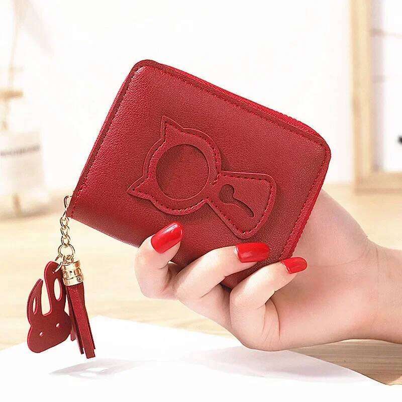 Korean Cute Cat Print Women Short Wallet Zipper Clutch Bag Coin Purse Credit Card Holder with Tassel Pendant C260304