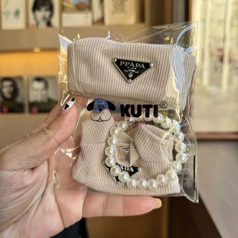 Light Blue Knit Set with Triangle Badge Beanie, Sweater & Pearl Necklace for Labubu Dolls Luxury Outfit AccessoriesT260304