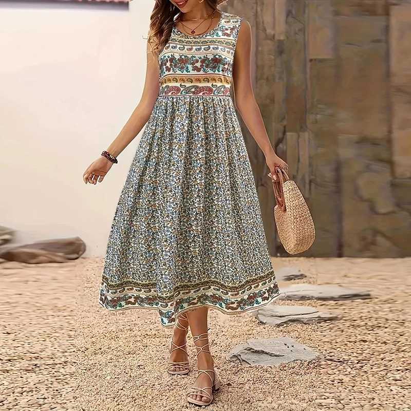 Summer Bohemian Dresses For Women Casual Sleeveless Long Dress Women Vintage Printed Beach Party Dress Plus Size Boho Vestidos M260304