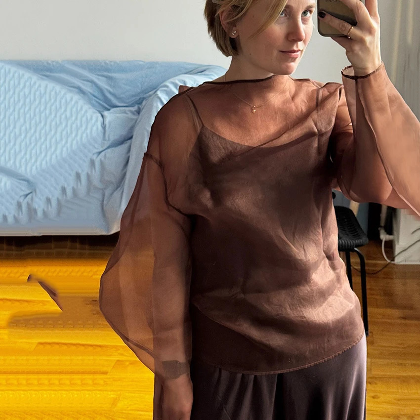 Linad Elegant Brown Mesh O Neck Blouse Women 2025 Sexy Apricot Sheer Shirt Female Autumn Street Chic Loose Long Sleeve Tops 260227