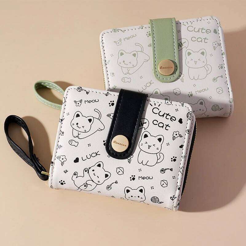 Japanese Cute Cat Girls Wallet Short Student ID Bank Card Holder Money Bag Zipper Wallets For Women Key Storage Coin Purse C260304