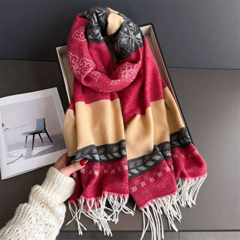 Winter Neck Warmer Scarf For Women 70*200CM Thickened Tassel Pashmina Shawl Faux Cashmere Warps Autumn Elegant Ladies Blanket XJ260304