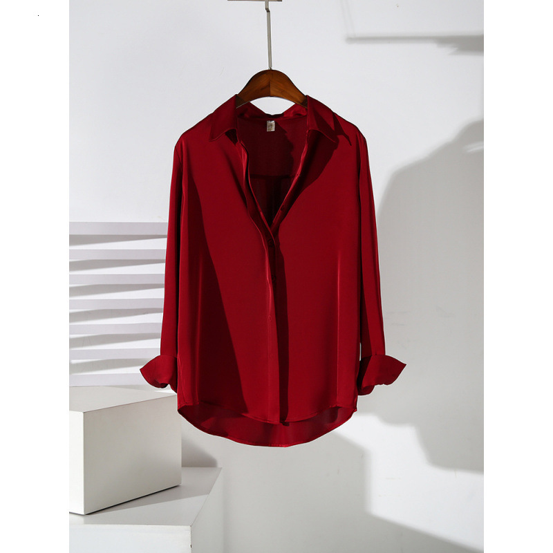 Elegant Red Satin Shirt For Women Long Sleeve Commuter Professional Top Designer Hoodie Spring Designer Shirt And Autumn New Stylish Blouse Polo Shirt For Summer