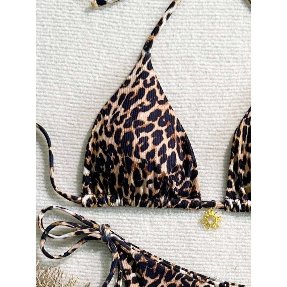 Summer Sexy Leopard Print Bikini Set Women Halter Neck Swimwear High Cut Triangle Top Hot Beachwear Trendy Bathing Suit New Y260303