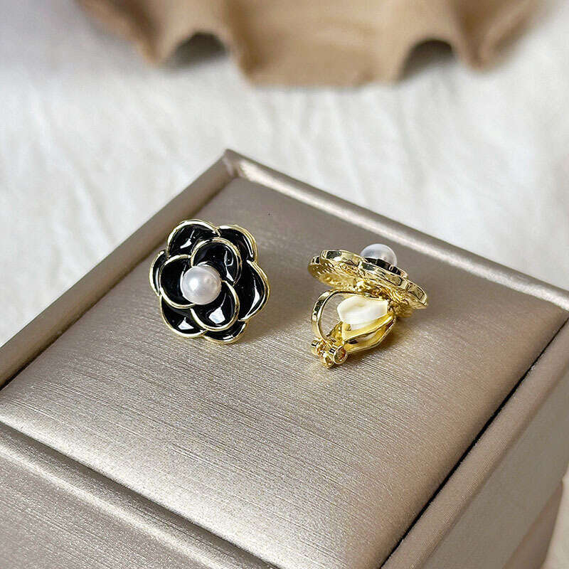 Womens Jewelry Earrings Clip-Ons Classic Black & White Enamel Camellia Non-pierced Earrings for Women