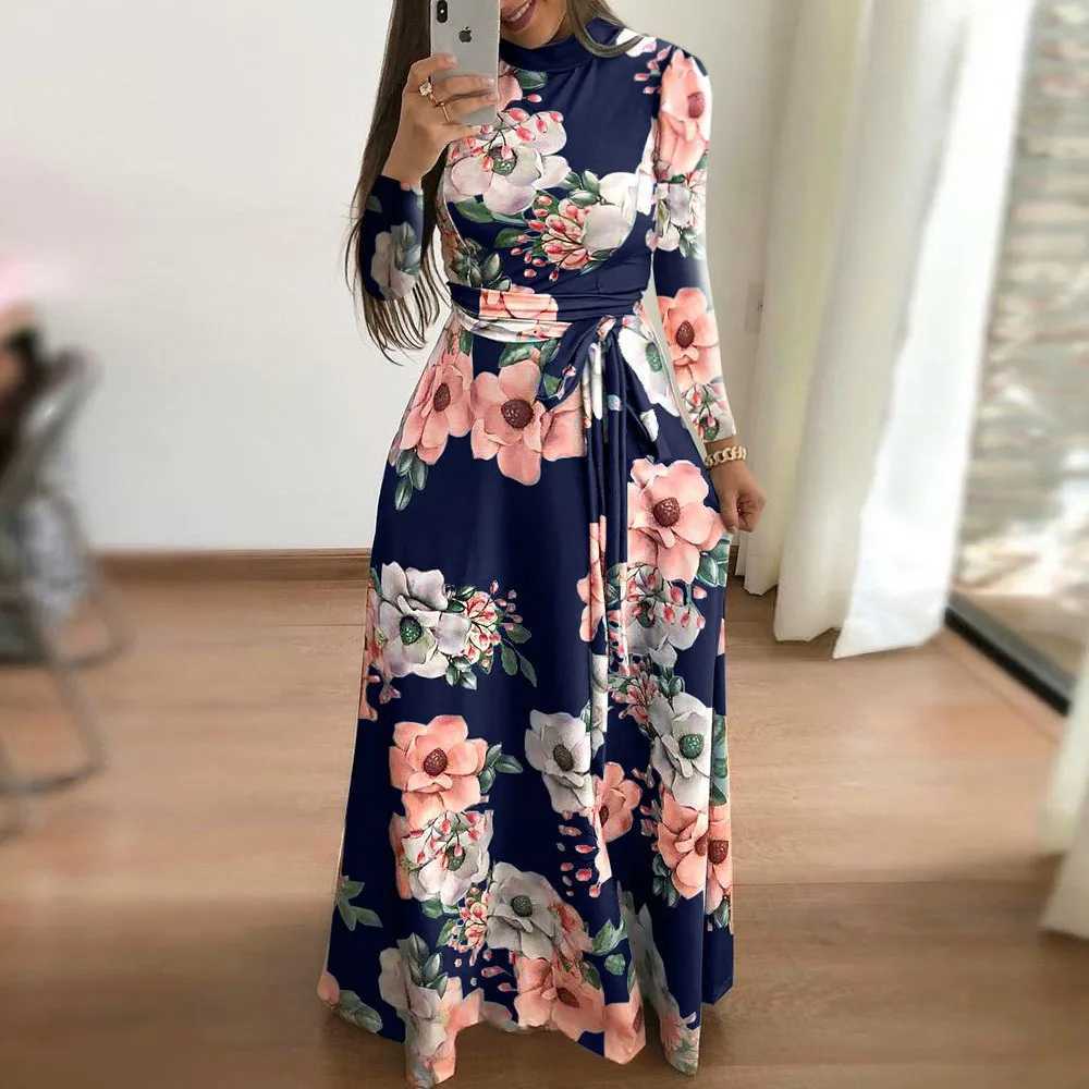 Womens Floral Print Summer Dress - 2025 New Boho A-Line Swing Dress with Short Sleeves High Waist Flowy Maxi Dress for Beach M260304