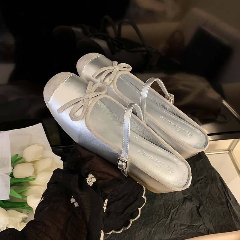 Womens Bow Toe Half Slippers Summer Non-Slip Inner Heightening Mary Jane Shoes for Women Soft Soled Breathable Sandals Slippers 240607