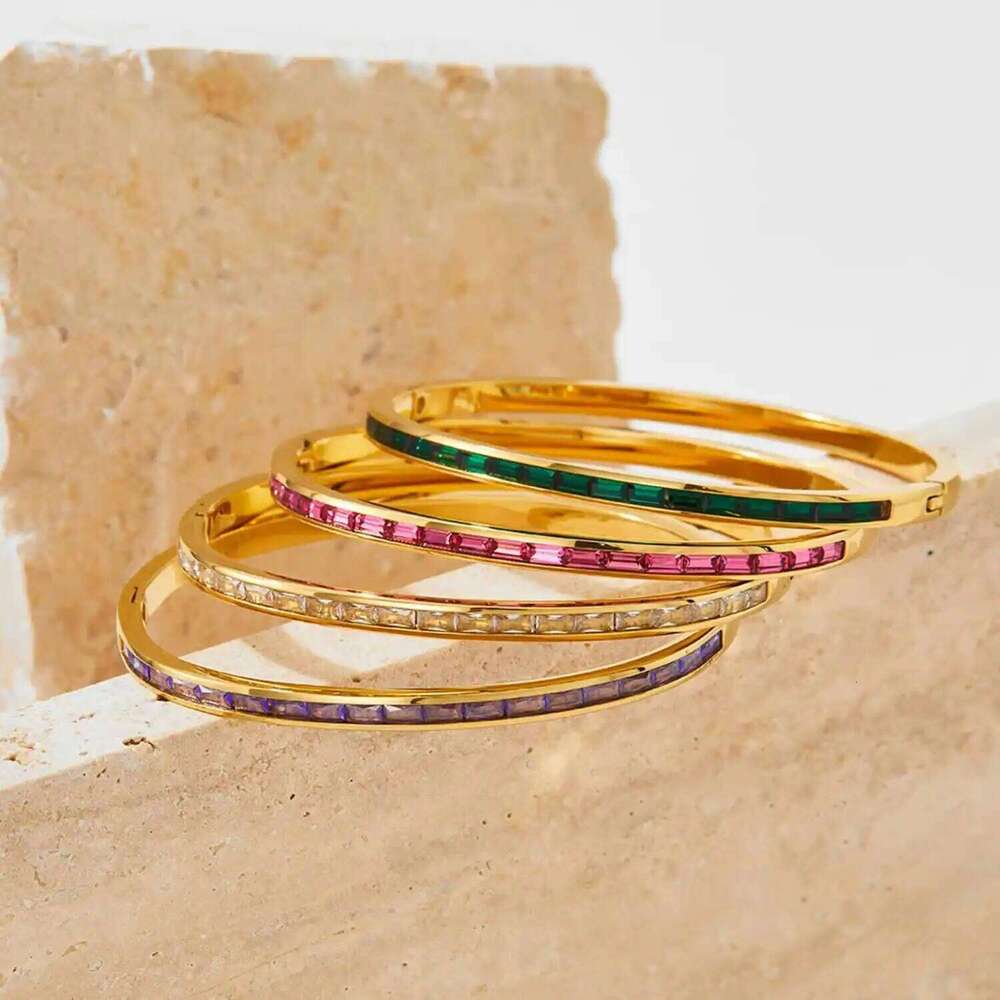 High Quality Gold Plated Stainless Steel Colorful Crystal Cz Baguette Wrist Bracelet Bangle Jewelry For Women XJ260303