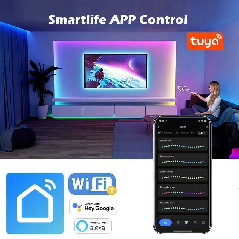20M TUYA LED Strip Light 12LEDs/M Smartlife Wifi RGBIC Dreamcolor LED Strip WS2812B Addressable Light Lamp Work with Alexa H260304