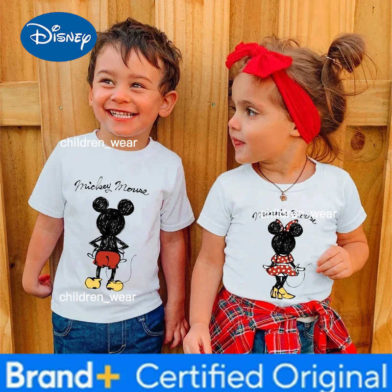 Disney Cute Minnie Mickey Mouse Print Kids T-shirt Summer Short Sleeve White Color Tops Tees Harajuku Boys Girls Tshirts Clothes H260304