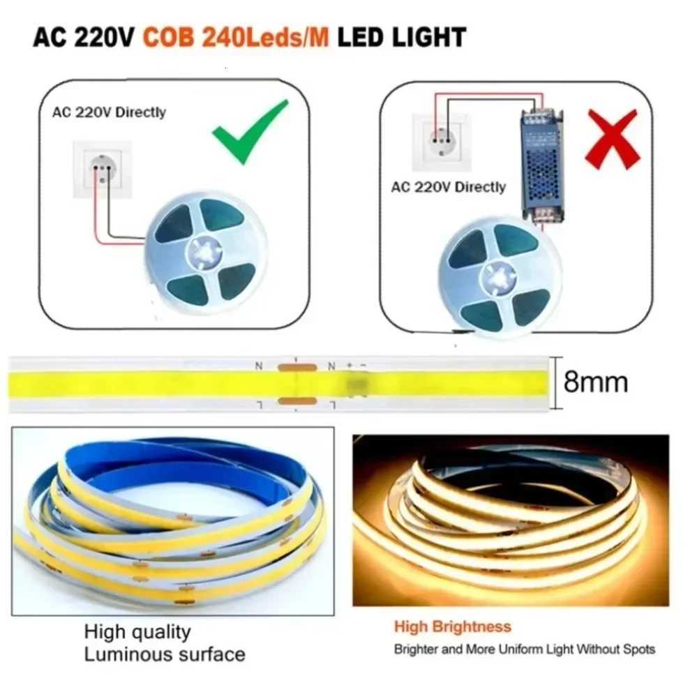 220V COB LED Strip Light Flexible Tape Lights No Need Driver High Bright 240 LEDs/m Linear Lighting Warm Cold Natural White 1-5M H260304