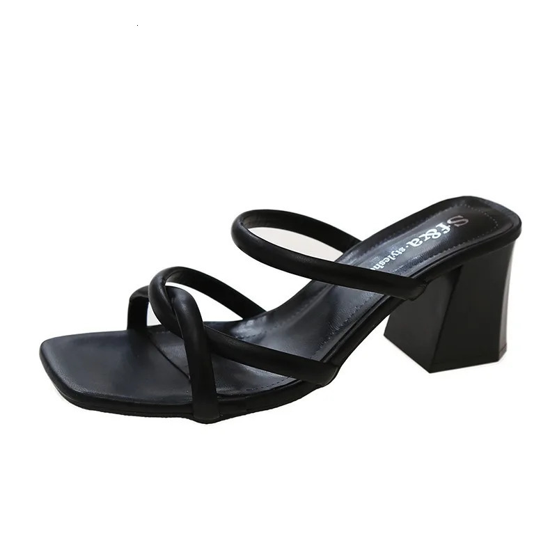 Summer Fashion Bare Toed Square Head Mid-heel Shoes Pleated Chunky Sandals with A Line Single Shoe Women 260305