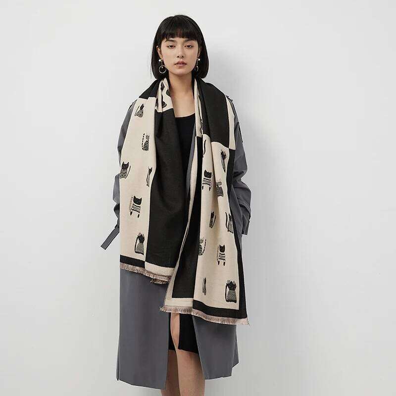 New Fashion Brand Cute Cat Ladies' Jacquard Pashmina Cashmere Winter Thick Warmth Shawl Coldproof Windproof Blanket Scarf XJ260304