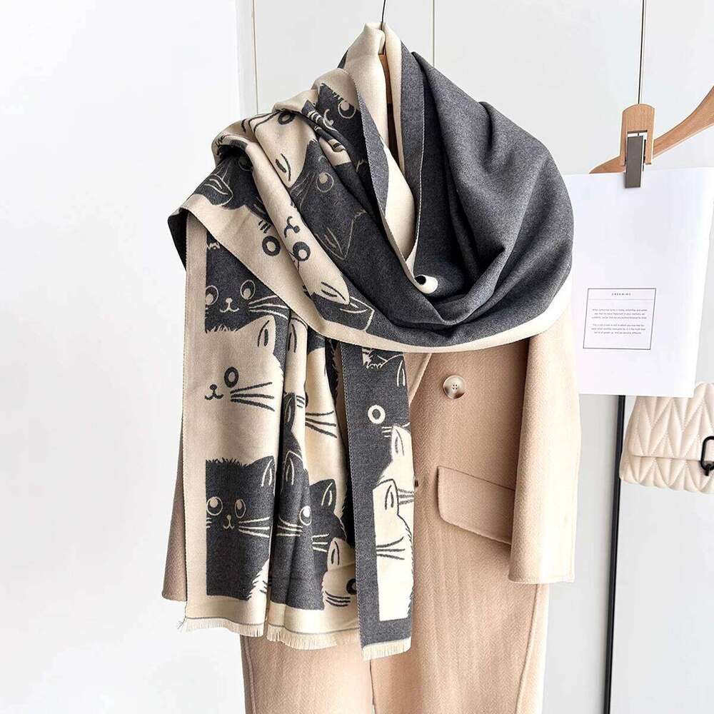 New Winter Autumn Warm Scarf Women Imitation Cashmere Cotton Cat Print Shawl For Ladies Shawls Pashmina Stoles Wraps Blanket XJ260304