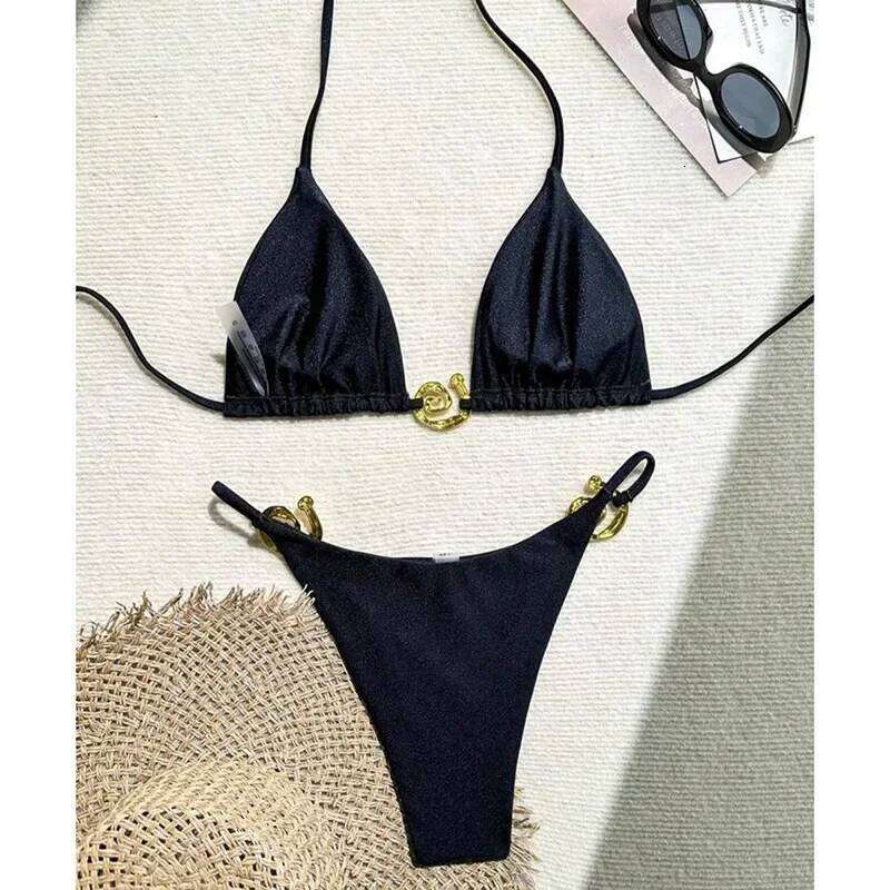 Metal Micro Swimwear Women Sexy Lace Up Triangle Halter High Cut Thong Bikini 2025 New Beach Bathing Suit 2 Piece Set Y260303