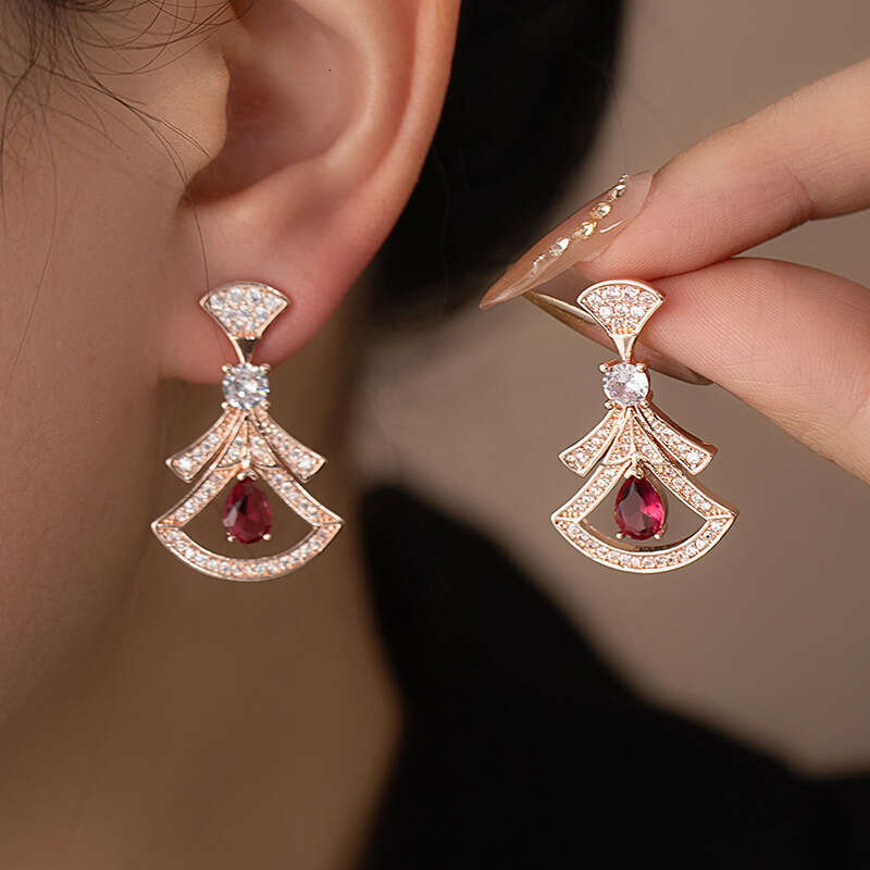 Fan-shaped Natural Red Agate Full Diamond Earrings High Version Internet Celebrity Skirt Earrings For Women