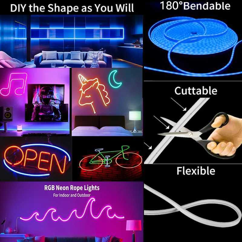 LED Neon Rope Lights with App/Remote Control 5V Music Sync Waterproof Flexible DIY Design RGB Strip Lights for Bedroom Party H260304
