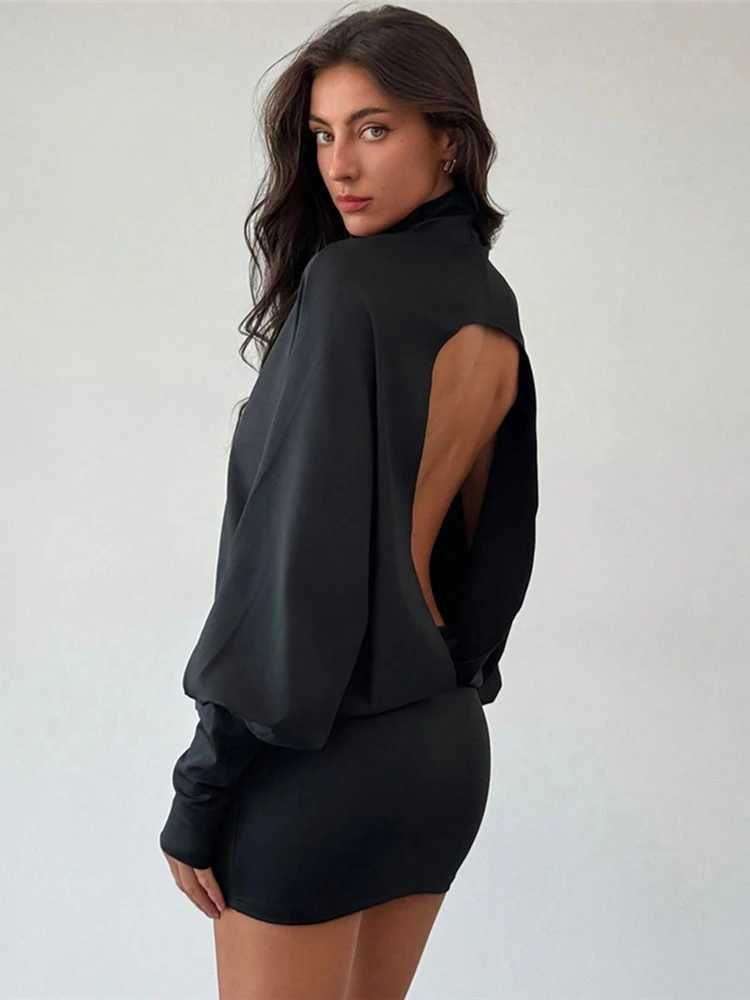 SIsterlinda Sexy Turtleneck Backless Dress Women Peach Hip Full Sleeve Stretch Autumn Trend Birthday Party Prom Club Bodycon M260304