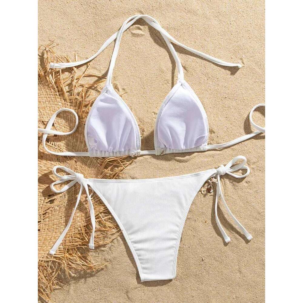 Shell Decoration Ribbed Women Swimwear Female Swimsuit Two-pieces Bikini Set Halter Strappy Bather Bathing Suit Swim Lady Y260303