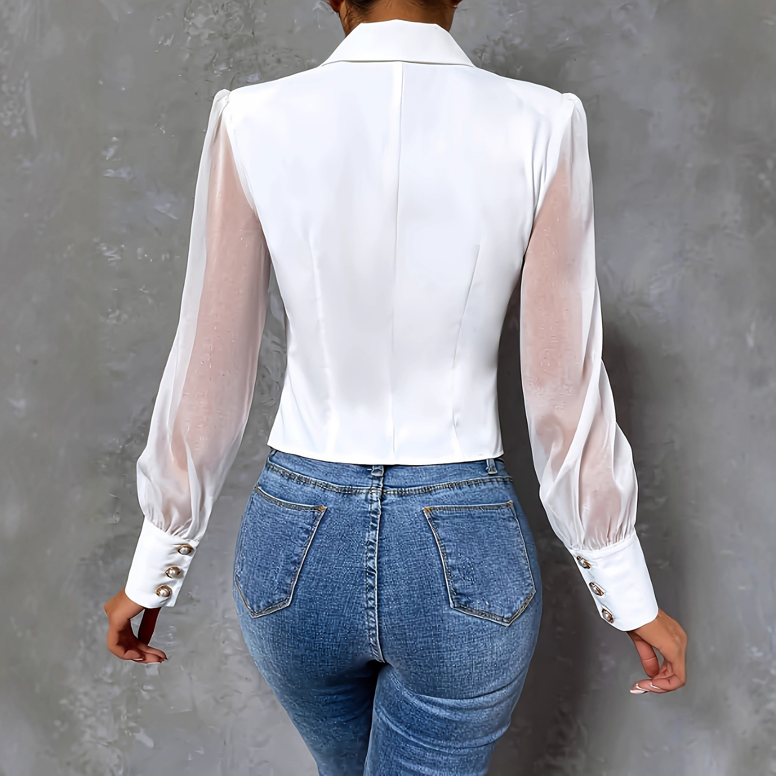Yeezzi Womens Lapel Blazer Suits Blouses Spring Summer Puff Sleeves See-Through Split-Joint Urban Office Shirts Tops 240715