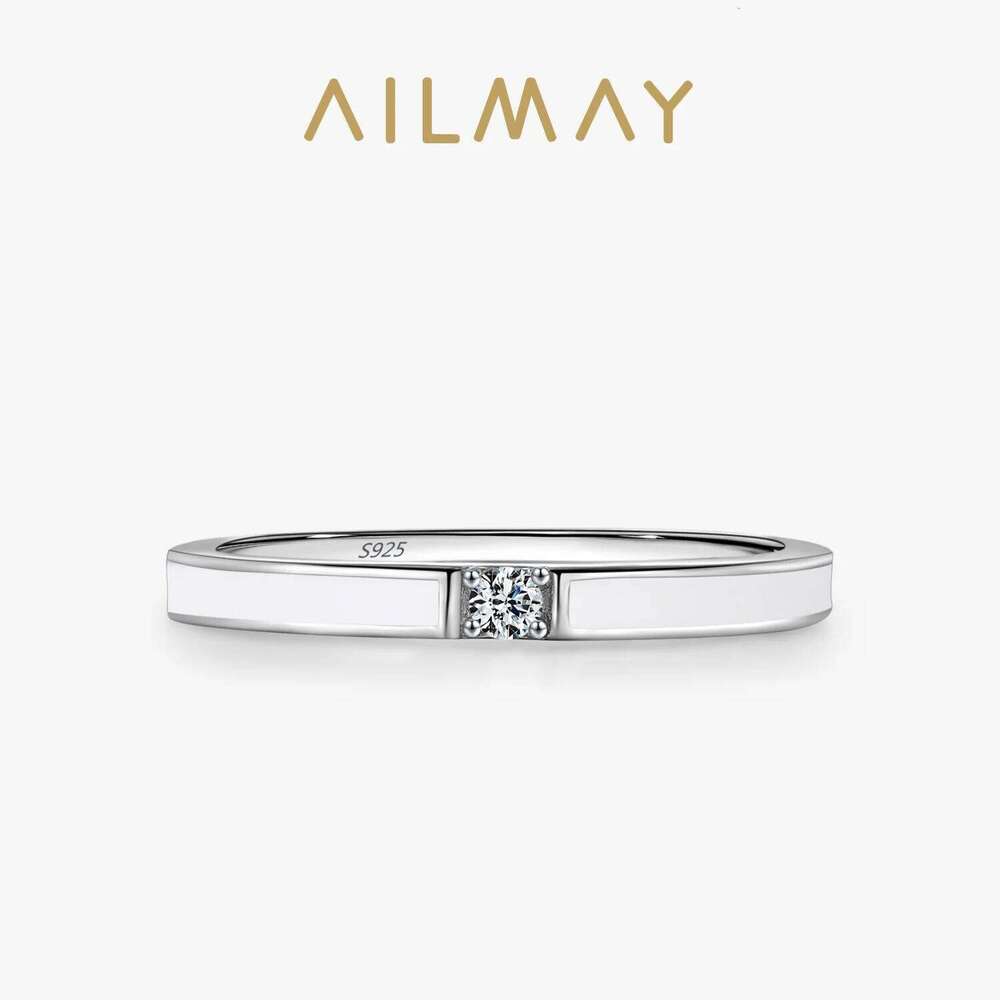 Ailmay Simple 925 Sterling Silver White Enamel Rings For Women Dazzling Zircon Fine Wedding Engagement Jewelry XJ260303