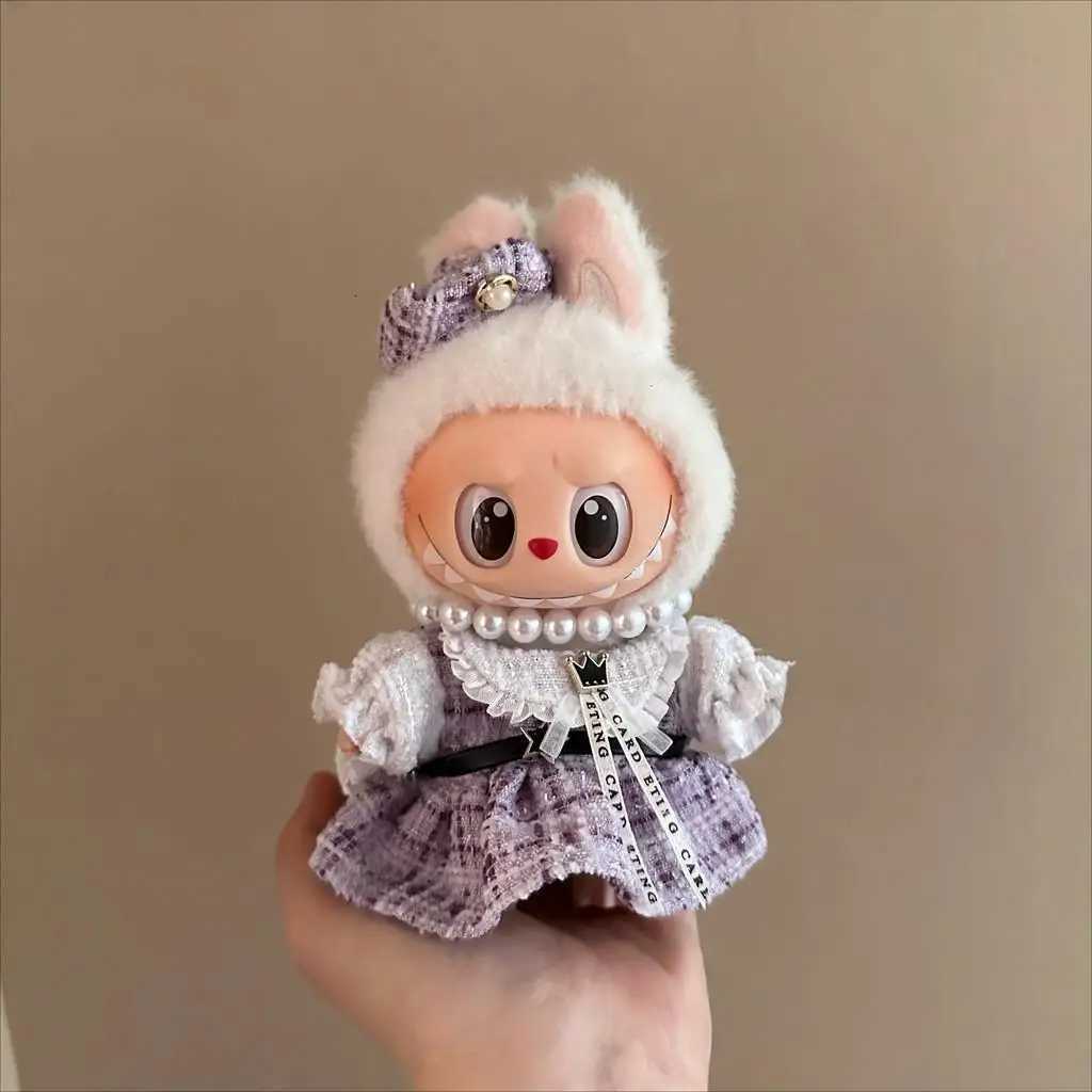 Luxury Purple Check Tweed Set with Plush Hood & Pearl Necklace for 15-17cm Labubu & 10cm Cotton Dolls AccessoriesT260304