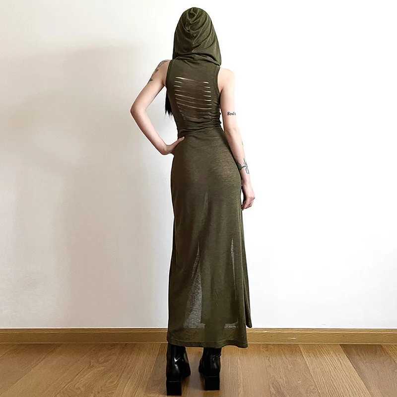 Summer 2023 Sexy European And American Style Sleeveless Hooded Dress Long Split Hollow out Pure Color Womens Gown M260304