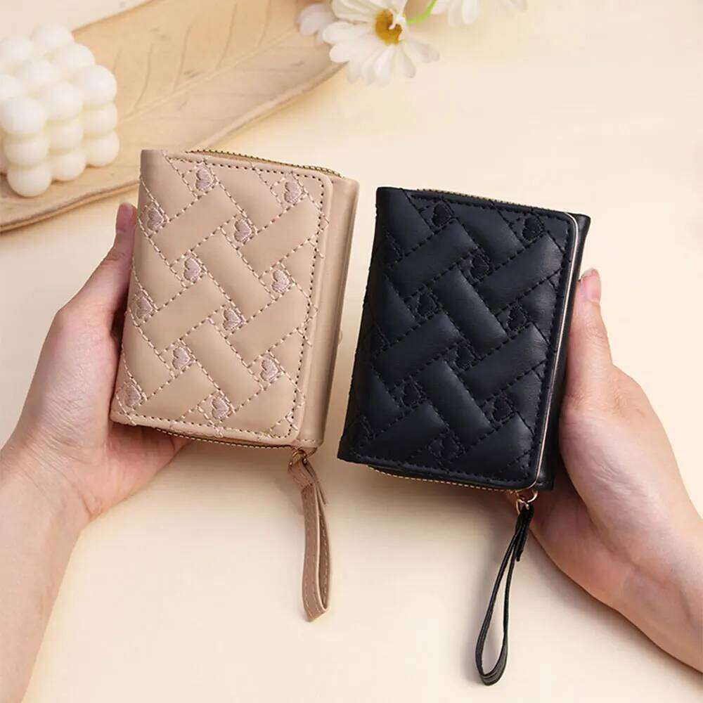 1Pc Fashion Embroidered Heart-Shaped Short Wallet, Heart Pattern Stitch Detail Coin Purse, Daily PU Leather Zipper Small Wallet C260304