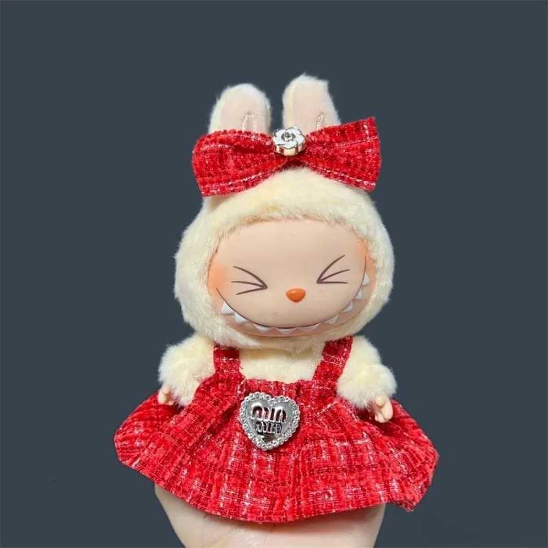 Exquisite Red Tweed Dress Set with Heart Rhinestone Bow for 17cm Labubu Dolls Retro DIY GiftT260304