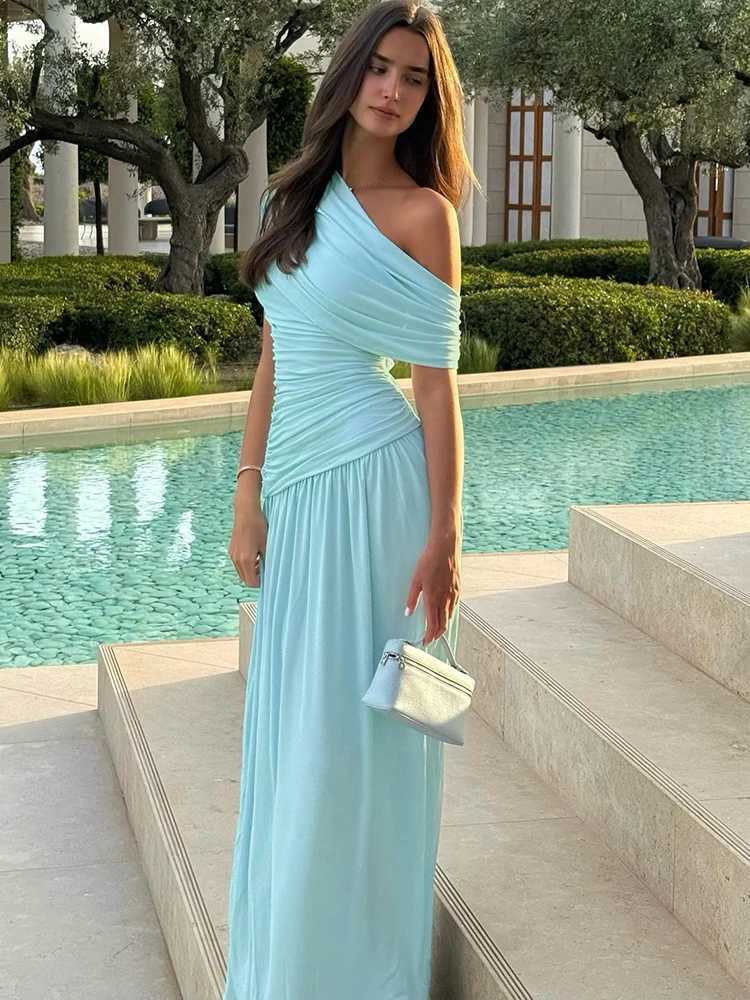 Nibber Patchwork Dress Women Inclined Shoulder Y2K Sexy Irregular Ruched Stretch Summer Temperament Classic Vestidos Clubwear M260304