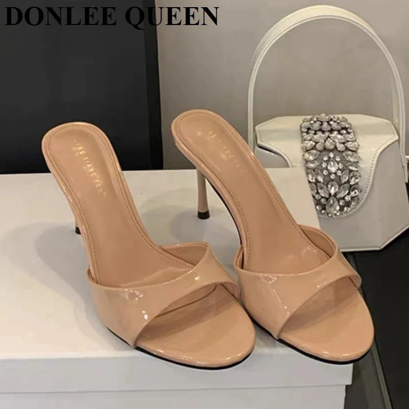 2026 Fashion Sexy Thin High Heels Slides Women Open Toe Pumps Slip Sandal Female Slippers Mule Patent Leather Outdoor Flip Flops 260306