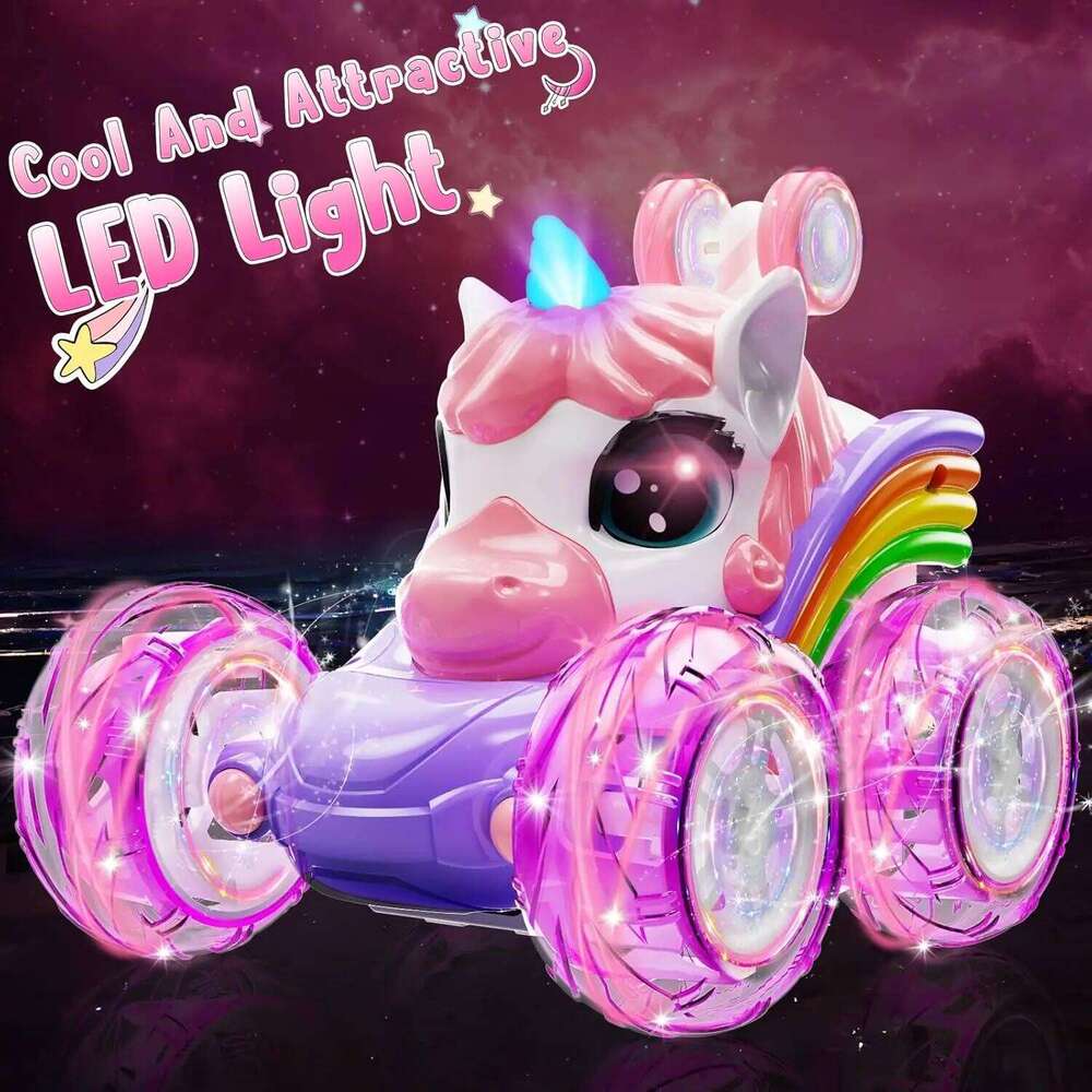 Unicorn Remote Control Car for Girls, 360 Rotating 4WD Stunt RC Cars with Cute Lights, Rechargeable Toys-Kid Birthday Gifts Z260303